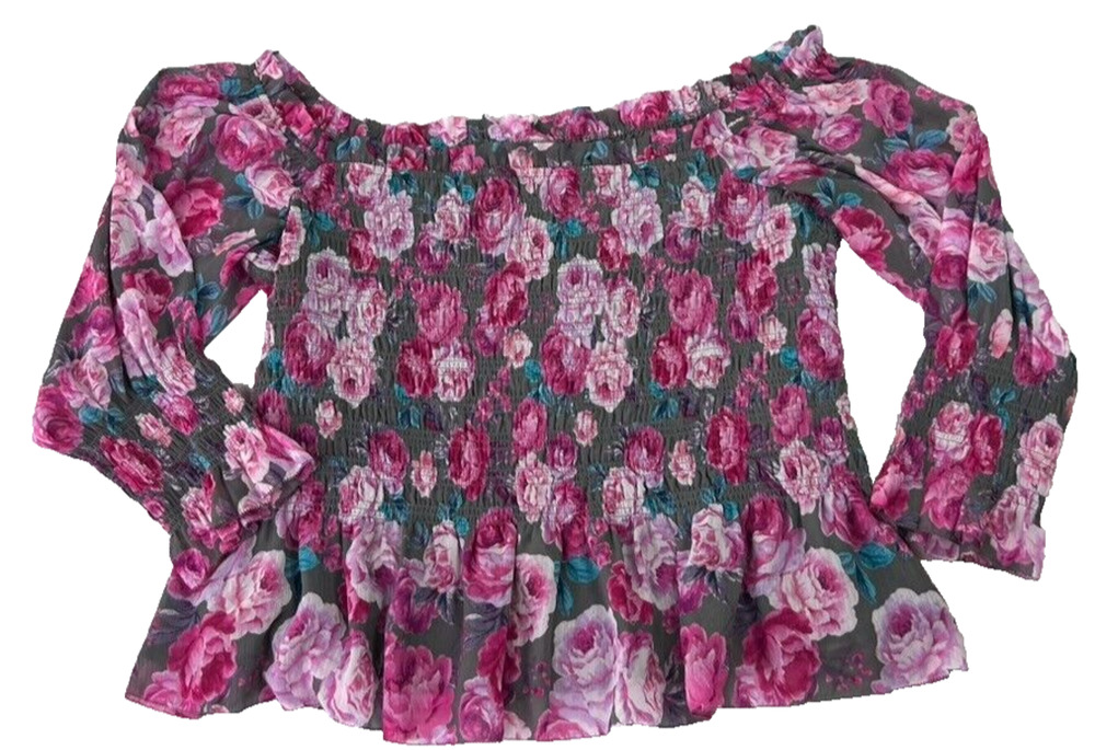 Torrid Top Womens 4 Crinkle Chiffon Smocked Waist Off Shoulder Floral Grey